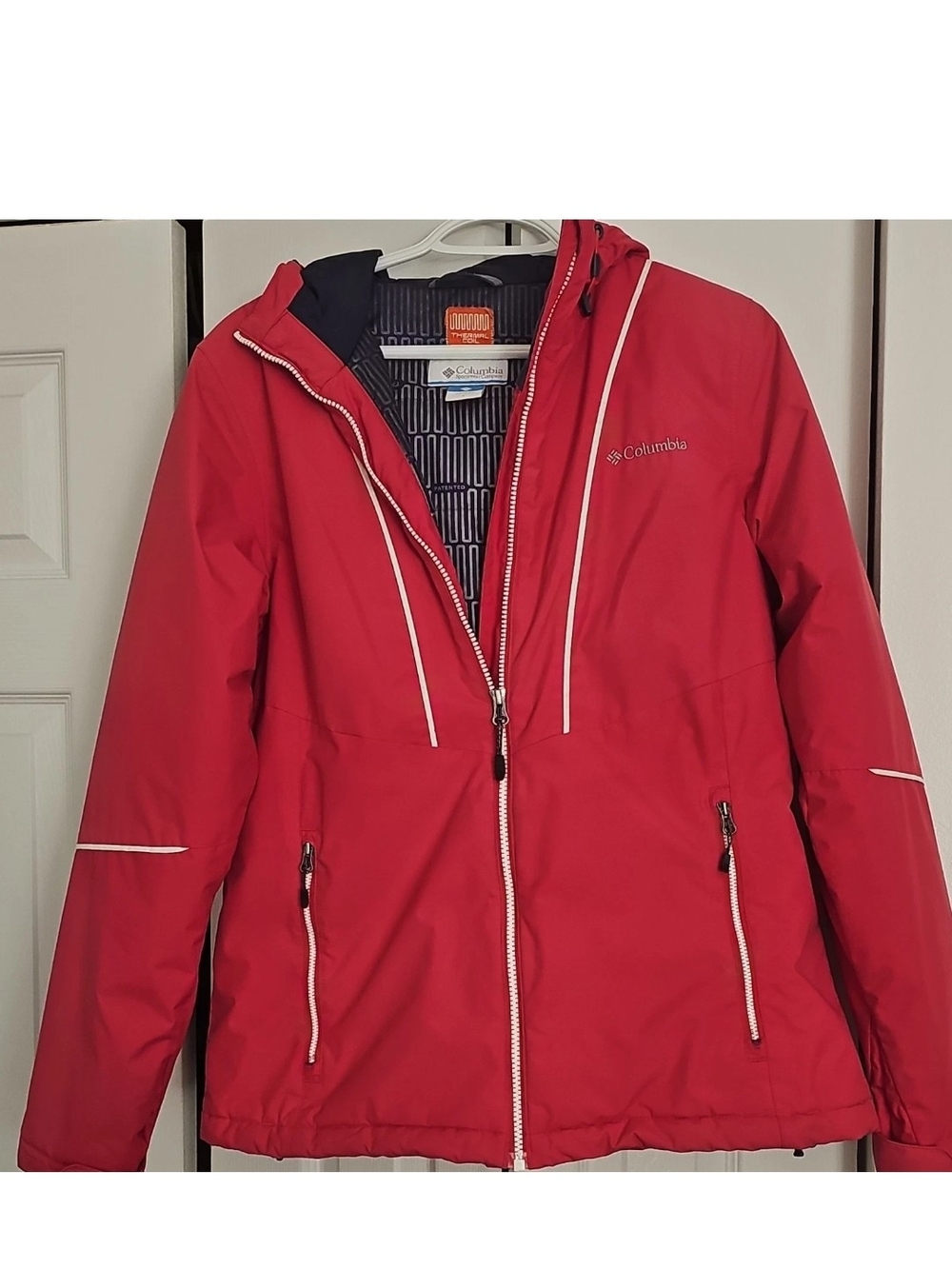 Columbia Women's Red Hooded Ski Jacket with White Trim